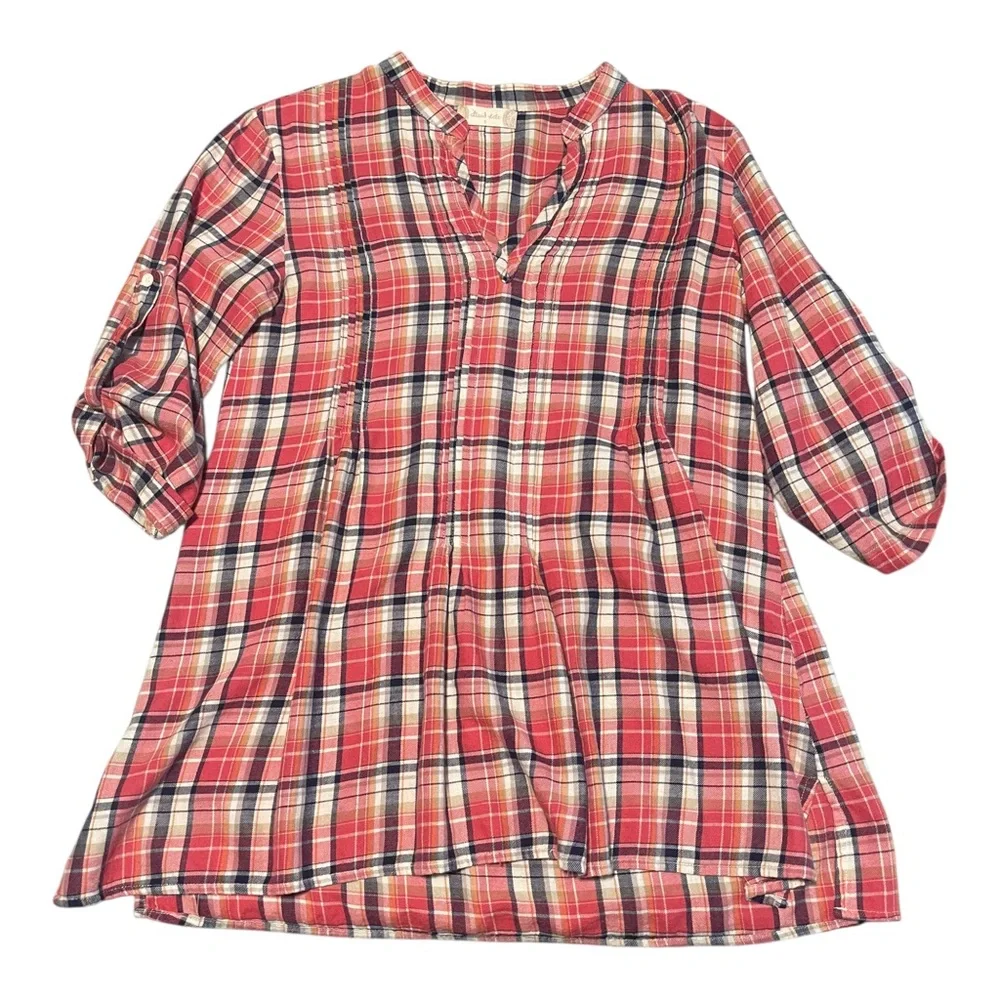 ALTAR'D STATE Plaid Tunic Pleated VNeck Cotton Top Blouse Size Small